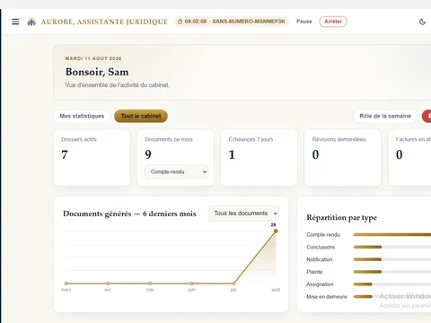 Tableau de bord du cabinet : dossiers actifs, échéances, documents générés et répartition par type d'acte.