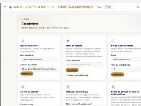 Paramètres fins du cabinet : identité, email de contact, archivage automatique et limites de génération.